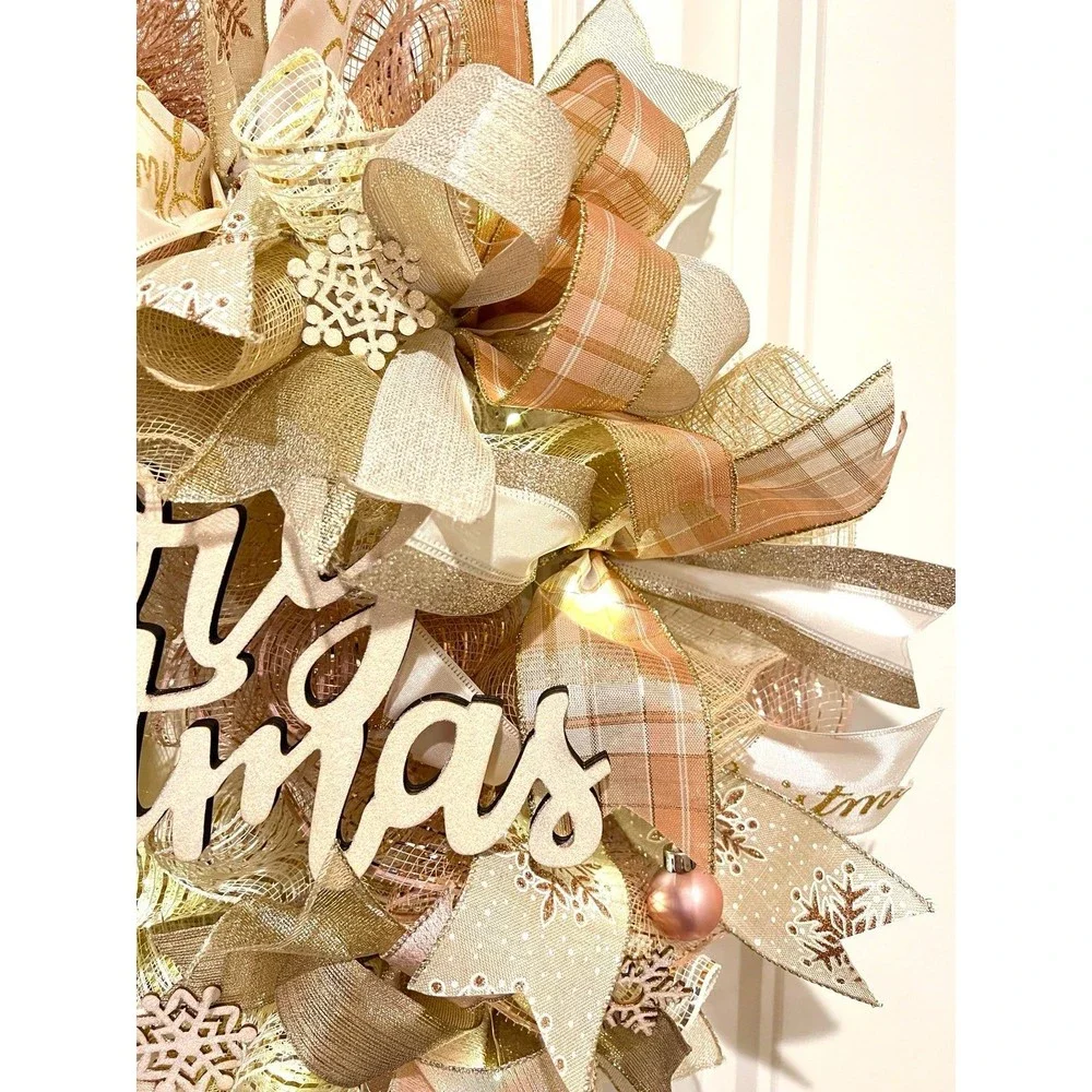Christmas Snowflake Holiday Ribbon Door Wreath Handmade 22 ins LED W12 Gold Pink